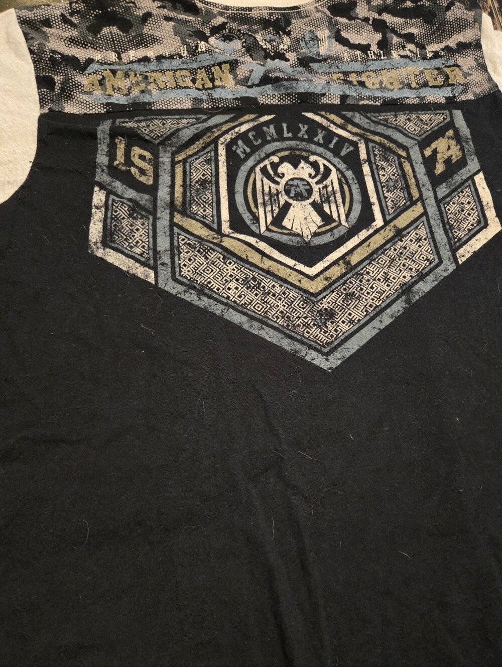 Affliction Black Short Sleeve Graphic Tee with Blue and Gold Accents